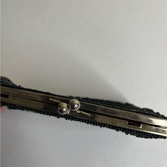 Vintage Beaded Kiss Lock Black Gold Clutch Handbag Purse Handmade Hong Kong - Picture 3 of 8